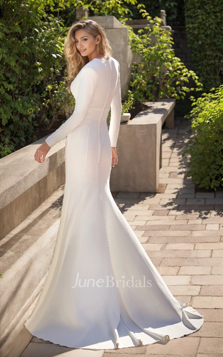 2025 Simple Spring Mermaid Long Sleeve Wedding Dress Formal Minimalist Satin V-Neck Button Back Court Train Wedding Dress