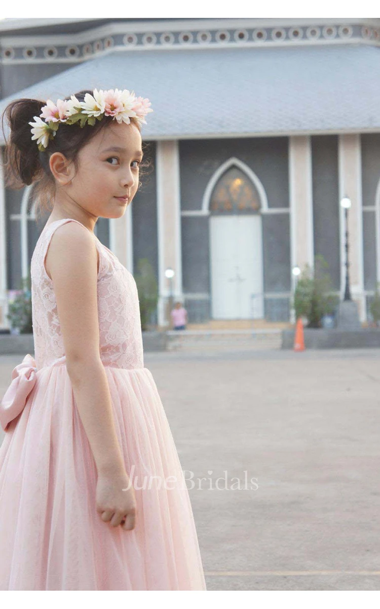 Blush Flower Lace Bodice Pleated A-line Tulle Flower Girl Dress With Bow Sash