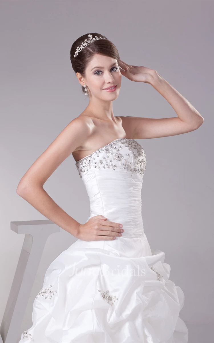 Strapless Pick-Up Pleated Ball Gown with Beading and Appliques