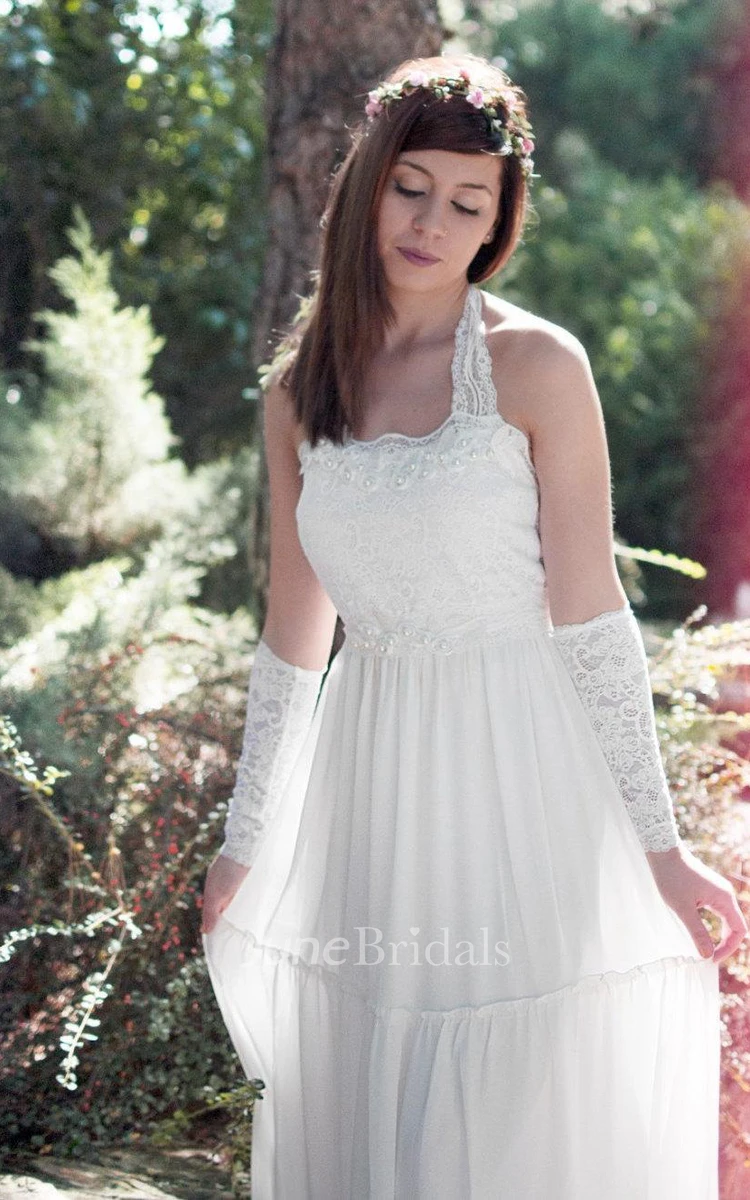 Halter Backless Long Jersey Wedding Dress With Beadings And Lace