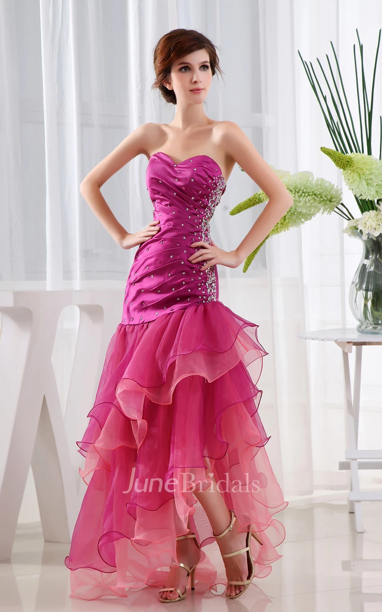 Sweetheart Beaded Dress With Side Ruching and Tiers