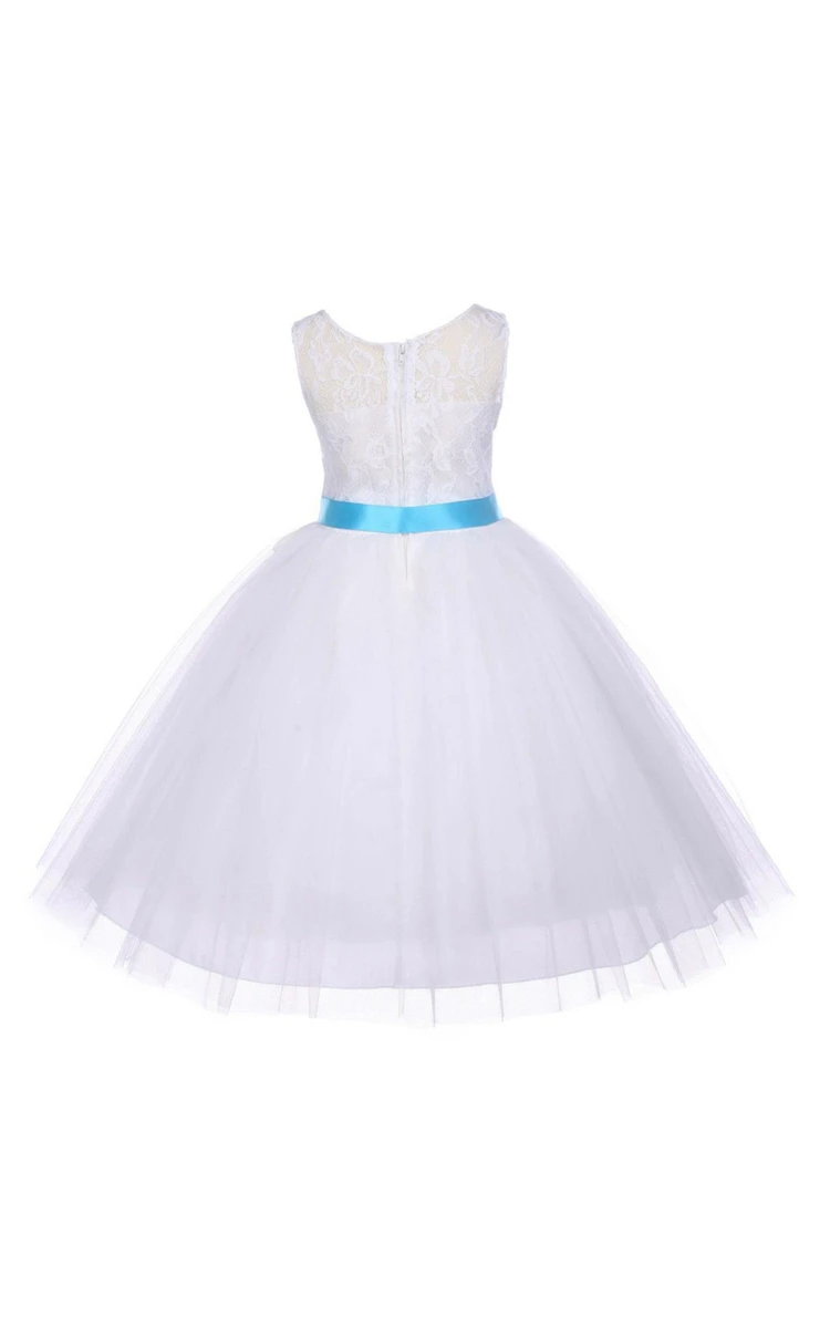 Sleeveless White Lace Bodice Tulle Flower Girl Dress With Ribbon Rhinestones