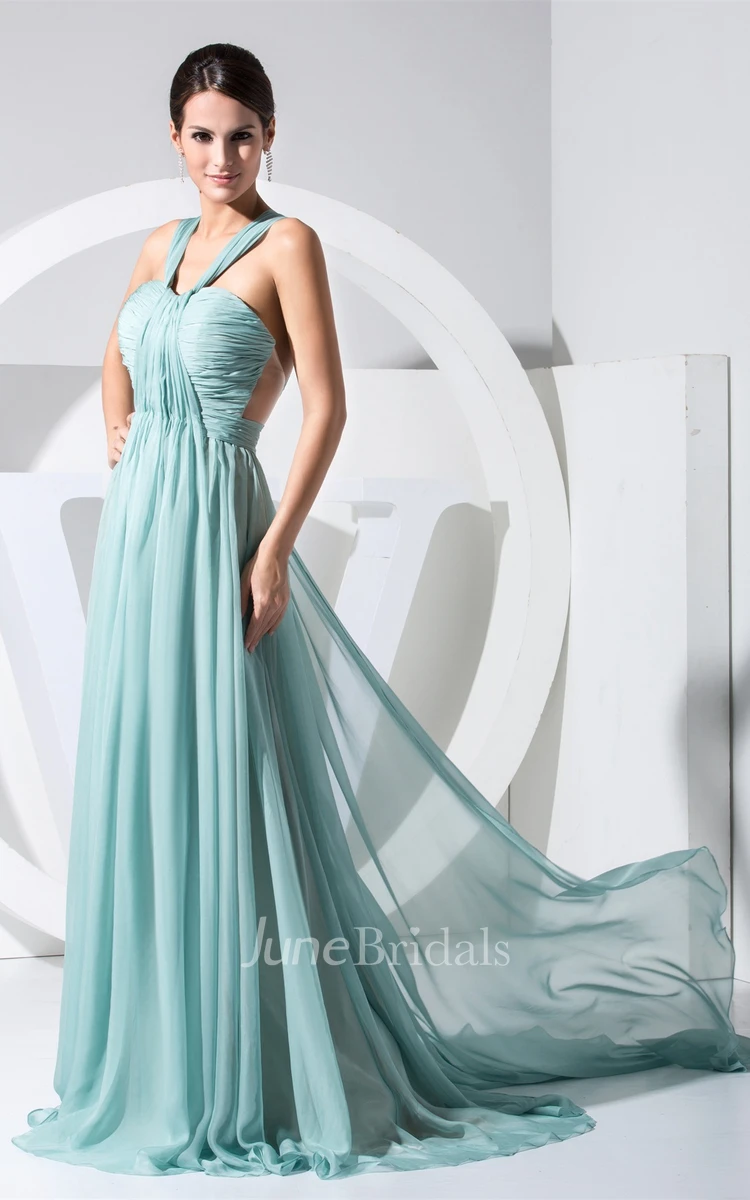 Side Illusion V-Neck Sweetheart Ruched Gown with Pleats and Zipper Back