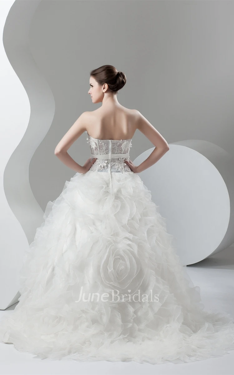 Strapless Ruffled Ball Gown with Flower and Appliques