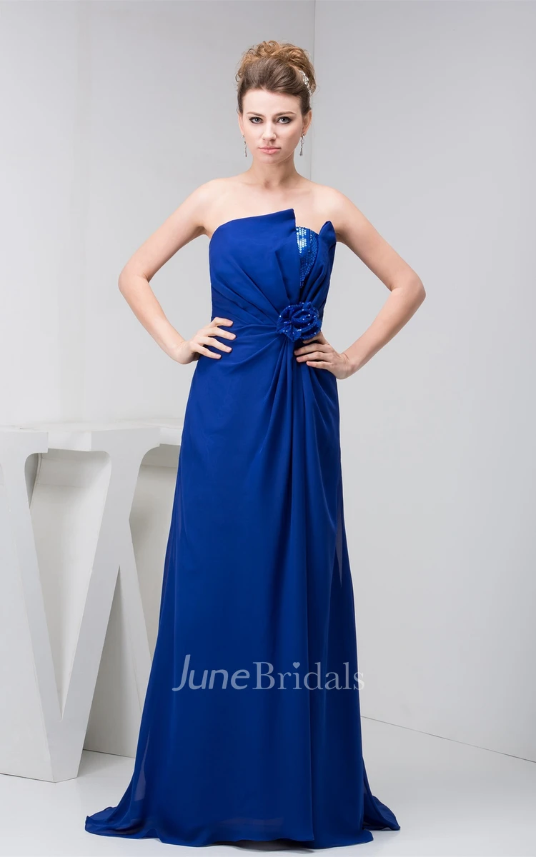 Strapless Chiffon Floor-Length Dress with Flower and Central Ruching