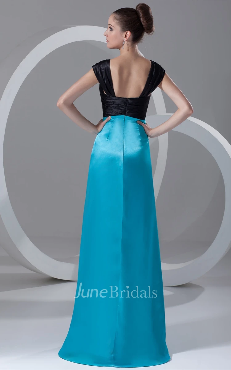 Caped-Sleeve Satin Floor-Length Dress with Beading and Brush Train