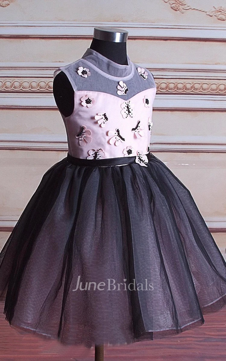 Ball Gown High Neck Cap Sleeve Tulle Dress With Beading&Flower
