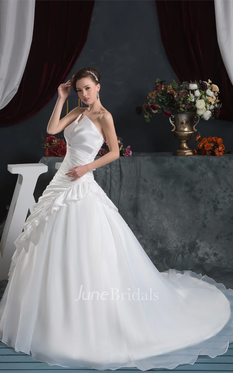 Strapless Side-Ruched Ball Gown with Broach and Flower