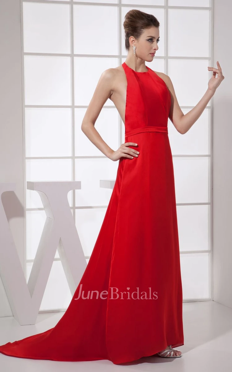 Flamboyant Satin Long Dress With Halter and Backless Design