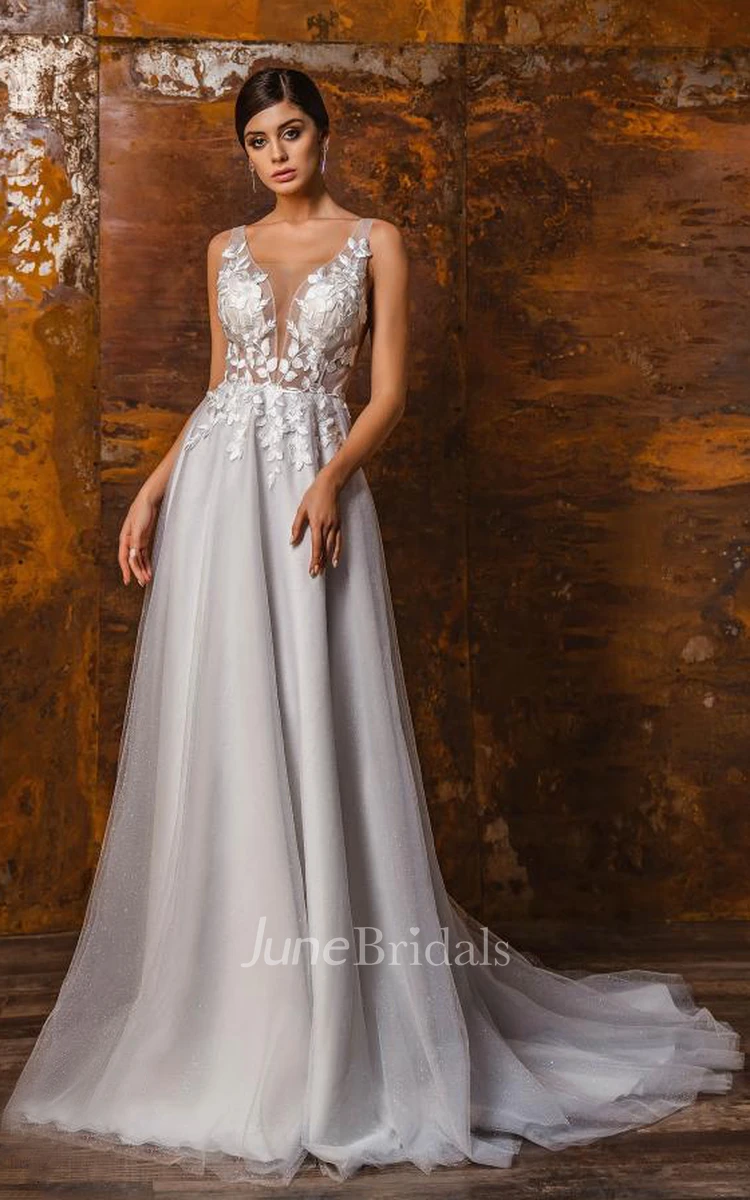 Casual A-Line Plunging Neckline Tulle Evening Dress with Appliques