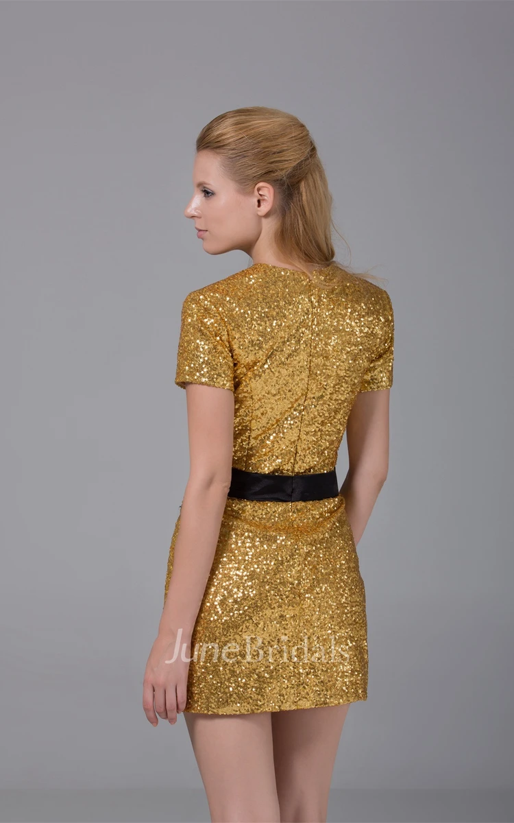 High-Neck Short-Sleeve Mini Dress with Zipper and Sequins