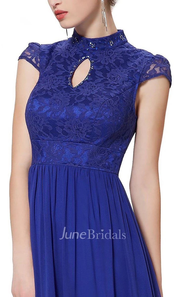 Cap-sleeved A-line Chiffon Dress With Lace Bodice