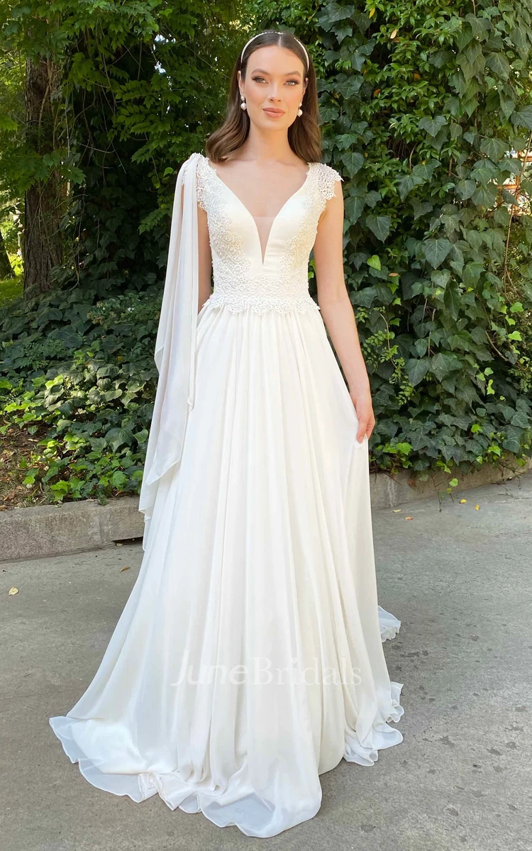 Greek Simple A Line V-neck Chiffon Court Train Wedding Dress with Ruching
