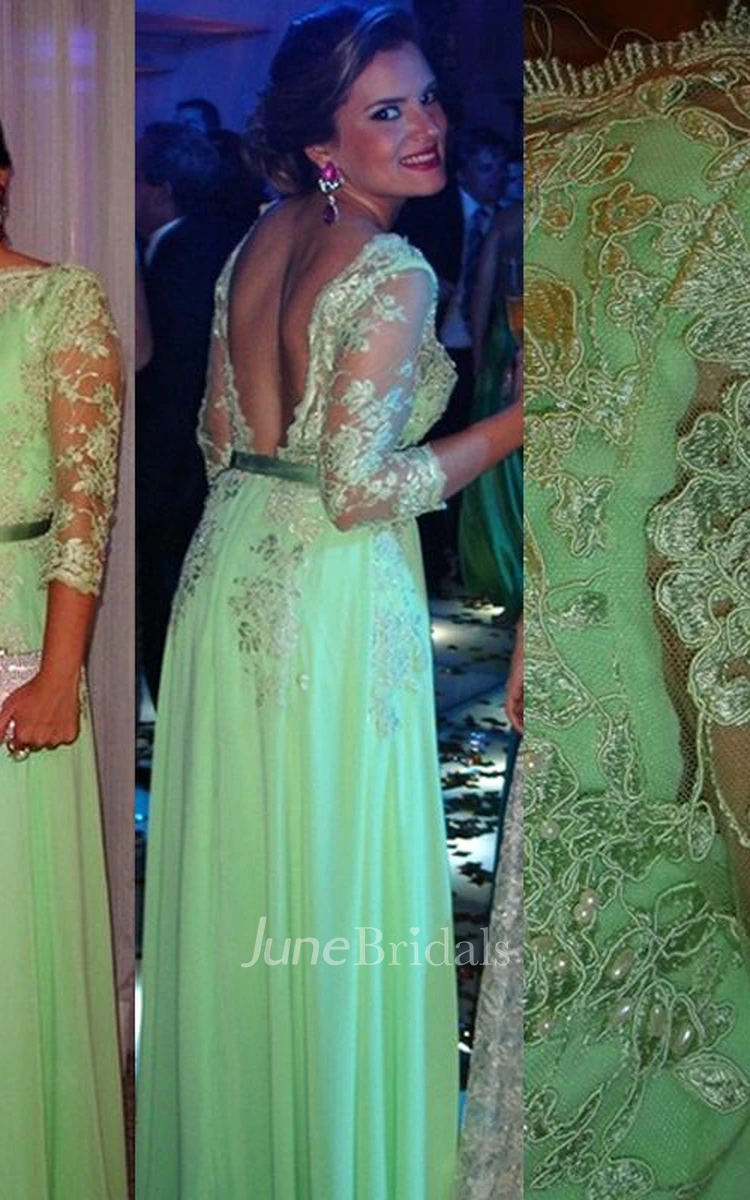 Lace Long Sleeve Open Back Dress New Arrival Gorgeous Gowns for Proms Appliques 3 4 Chiffon Evening