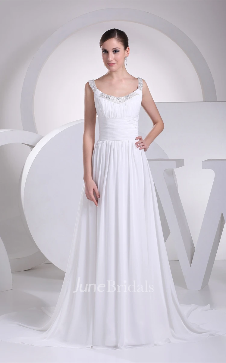 Strapped Chiffon Pleated Dress with Beading and Ruched Waist