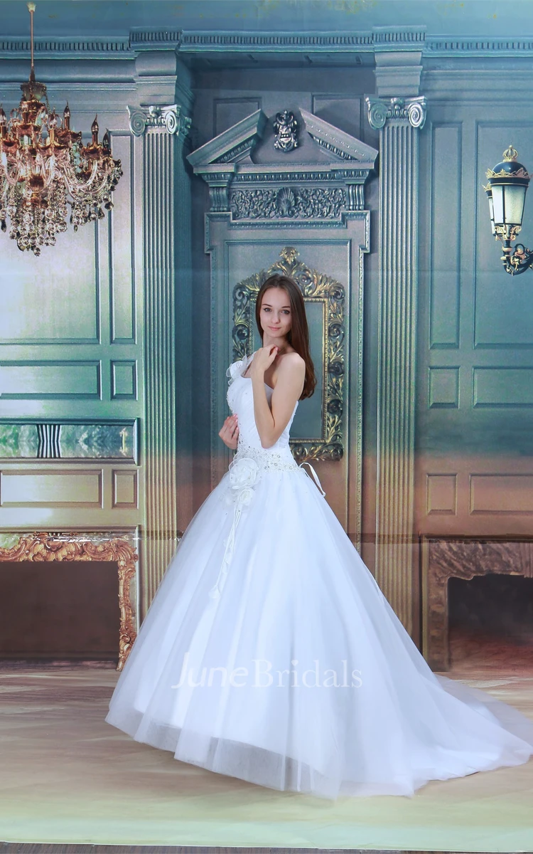 One-Shoulder Jeweled Ball Gown with Ruching and Flower