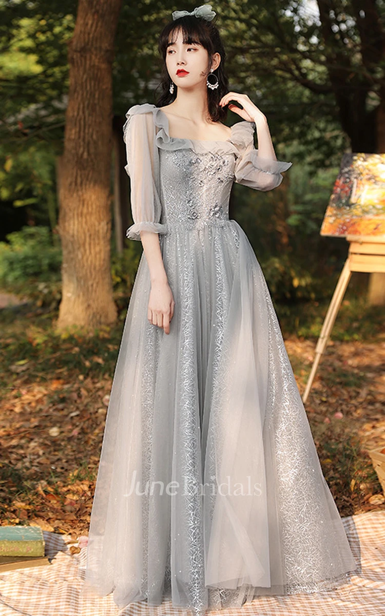 Vintage Tulle High Neck Square V-neck A Line Evening Formal Dress With Appliques and Ruffles
