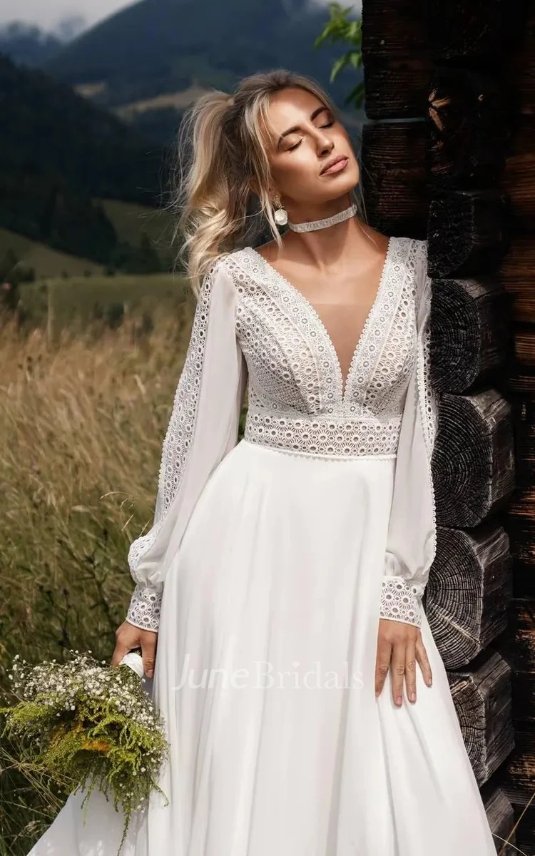 Bohemian Lace Chiffon A-Line Plunging Neckline Wedding Dress Country Romantic Solid Puff Long Sleeve Floor-length Low-V Back Bridal Gown with Train