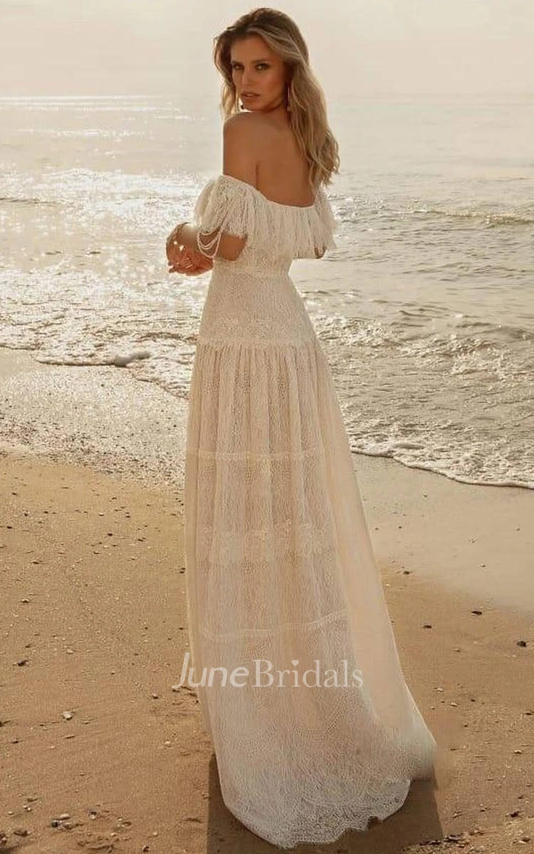 Elopement Beach A-Line Boho Off-the-Shoulder Wedding Dress Romantic Flowy Forest Full Lace Floor Length Bridal Gown with Ruffles