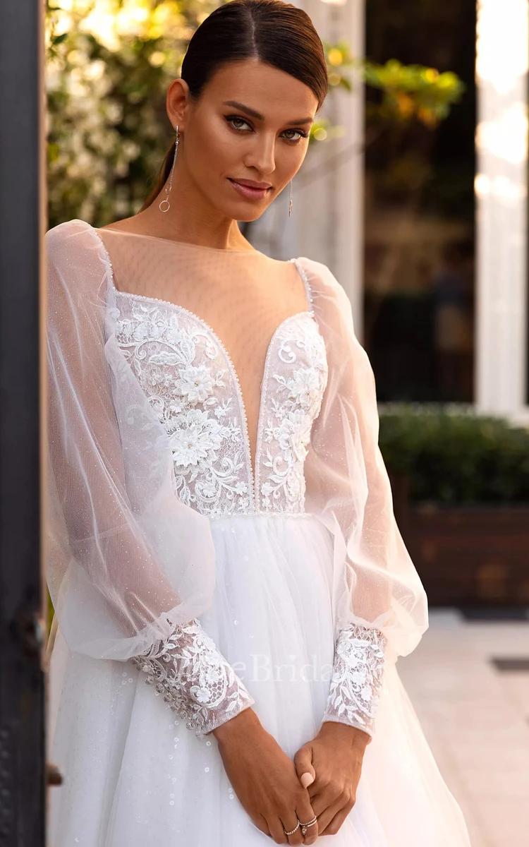 Modern Tulle Long Sleeve Floor-length A Line Plunging Neckline Wedding Dress with Sequins