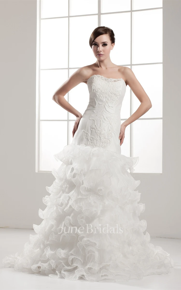 Strapless Ruffled A-Line Gown with Stress and Tiers