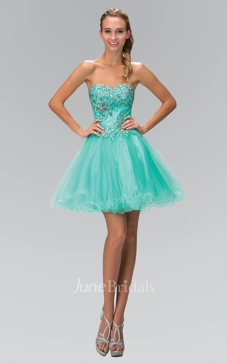 A-Line Mini Sweetheart Sleeveless Tulle Dress With Beading And Ruffles