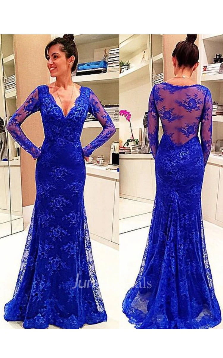 Long Sleeve V-neck Lace Dress with Illusion Back