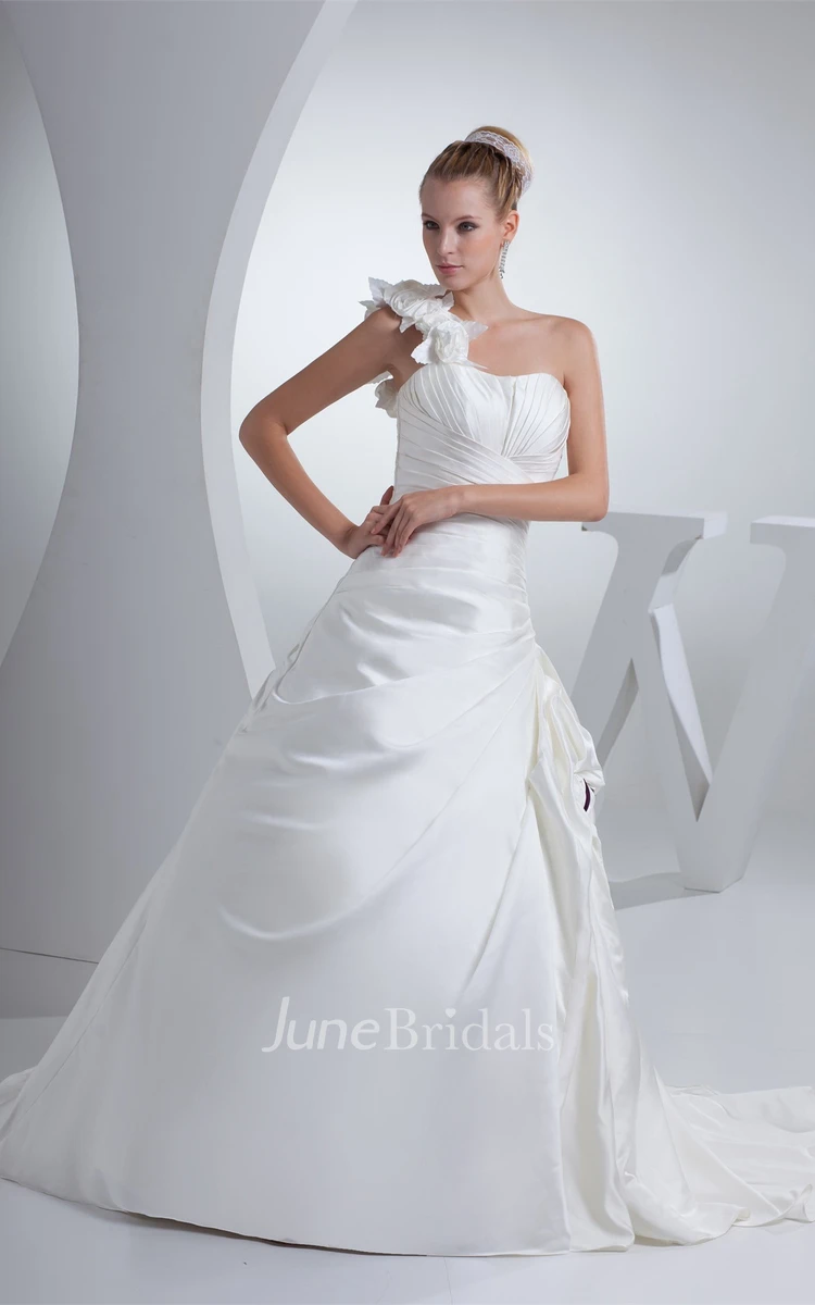 Flowered One-Shoulder Ruched Satin Dress with Side Draping and Ruffles