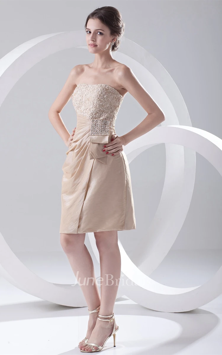 strapless mini fitted dress with side draping and appliques