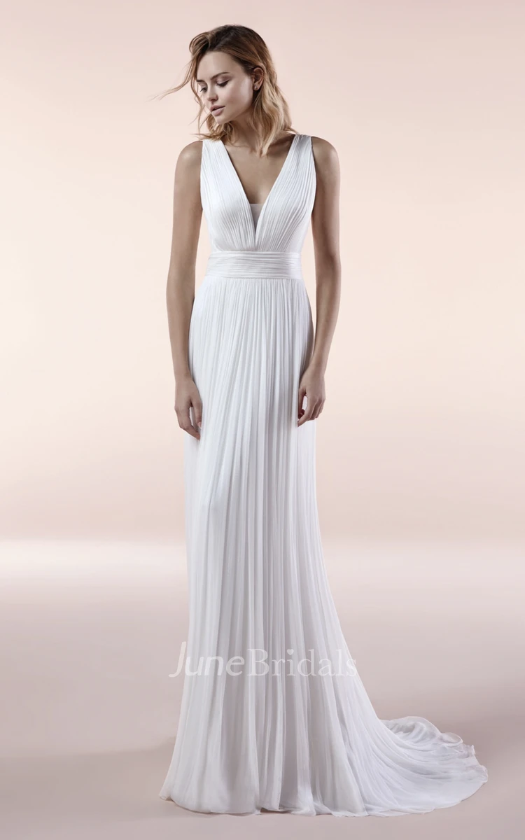  Deep V-neck Chiffon Illusion Sleeveless Gown With Sash And Pleats