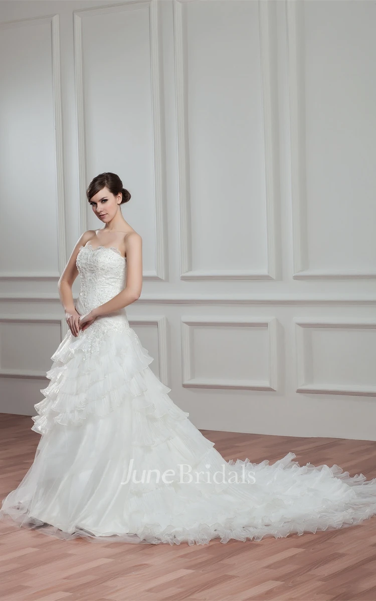 Sweetheart Tiered A-Line Gown with Appliques and Jeweled Top