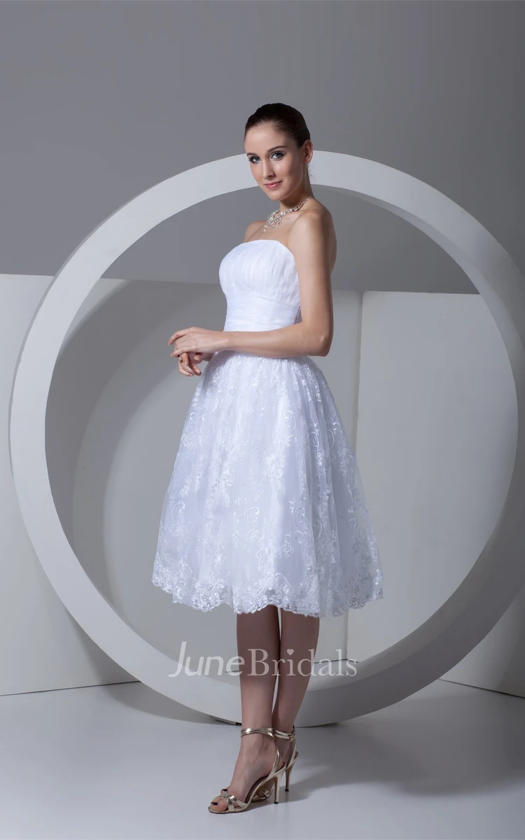 strapless a-line tea-length lace dress with ruching