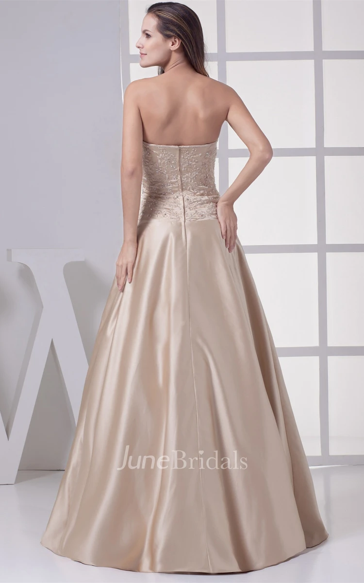 Strapless Side Draping A-Line Bodice Gown with Flower and Beading Embellishment
