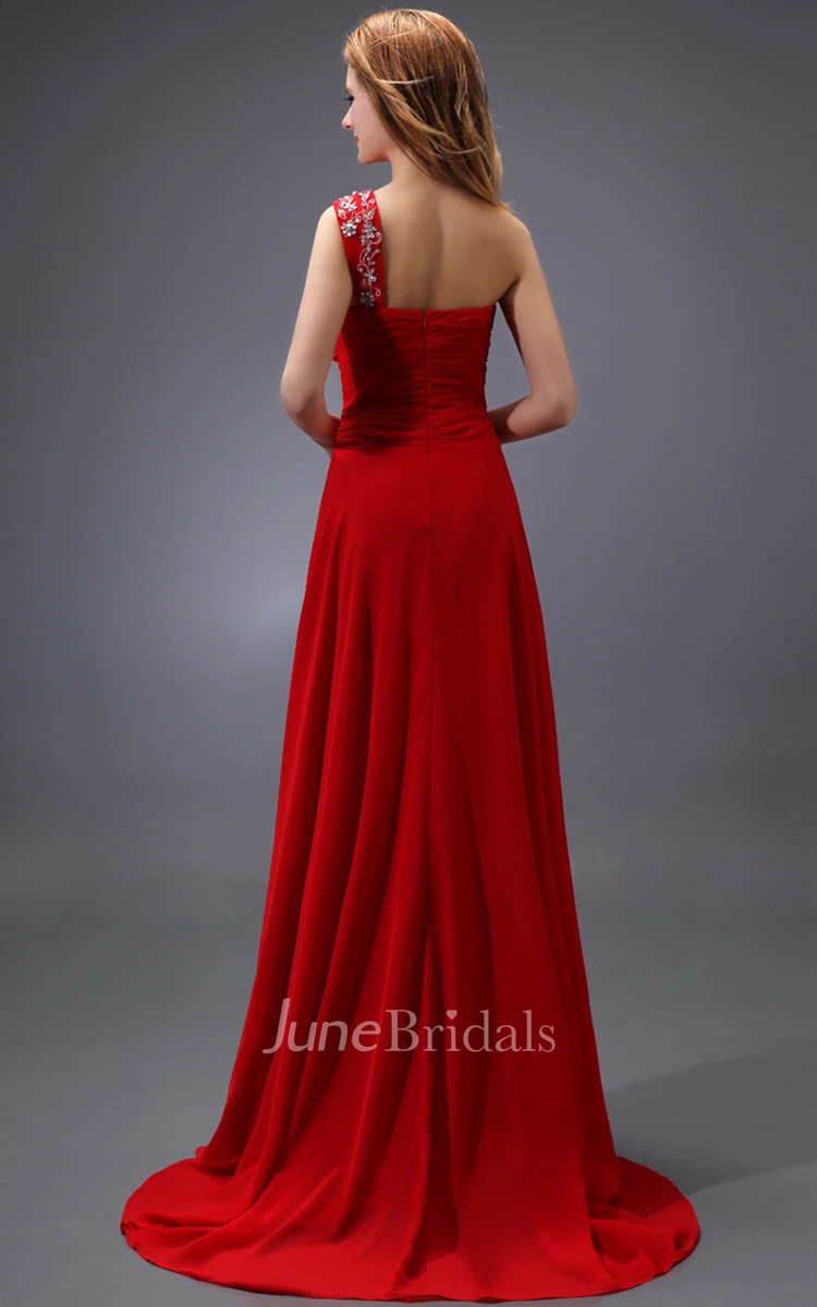 Maxi Ethereal Chiffon Ruched Dress With Embellished Strap - June Bridals