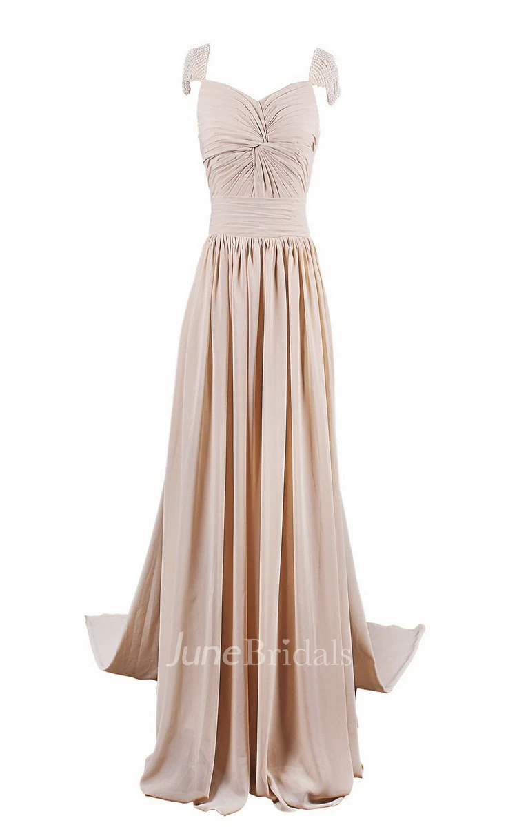 Sleeveless Long Chiffon Gown With Pearled Shoulders