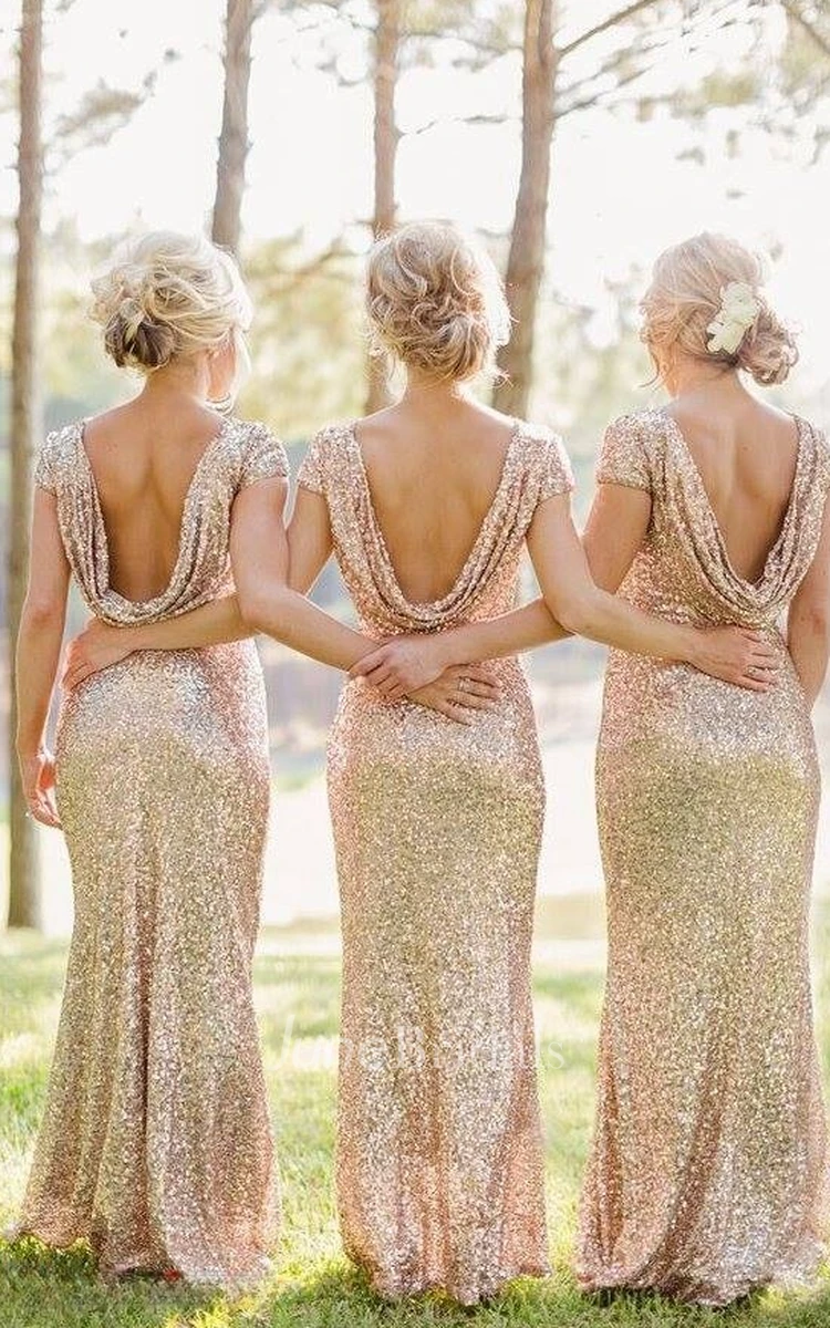Glamorous Bateau Cap Sleeve Bridesmaid Dress With Sequins