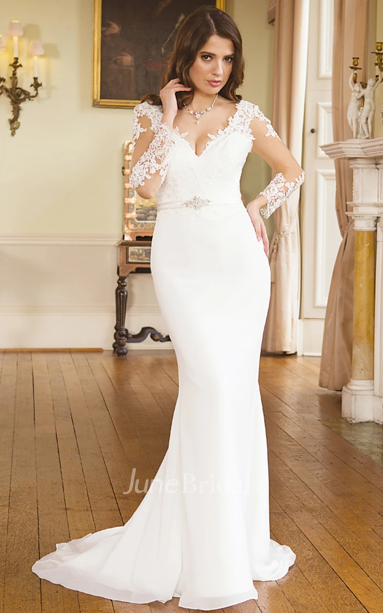 Mermaid Maxi V-Neck Illusion Sleeve Appliqued Chiffon Wedding Dress