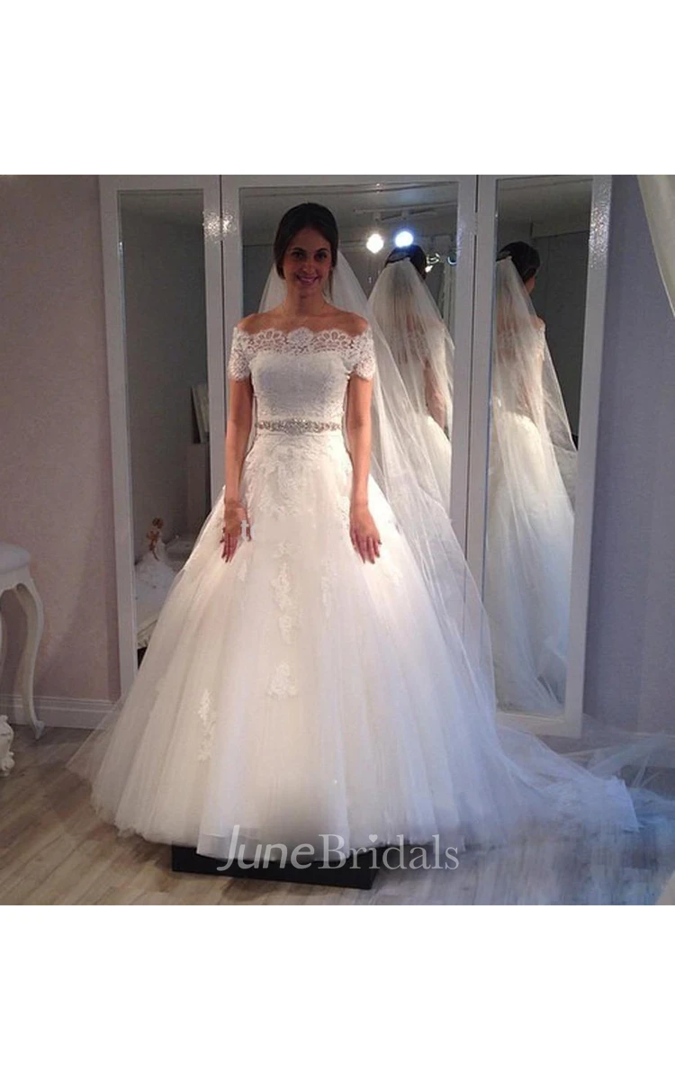 Short Sleeve Off-the-shoulder Tulle Ball Gown With Beaded Waistline