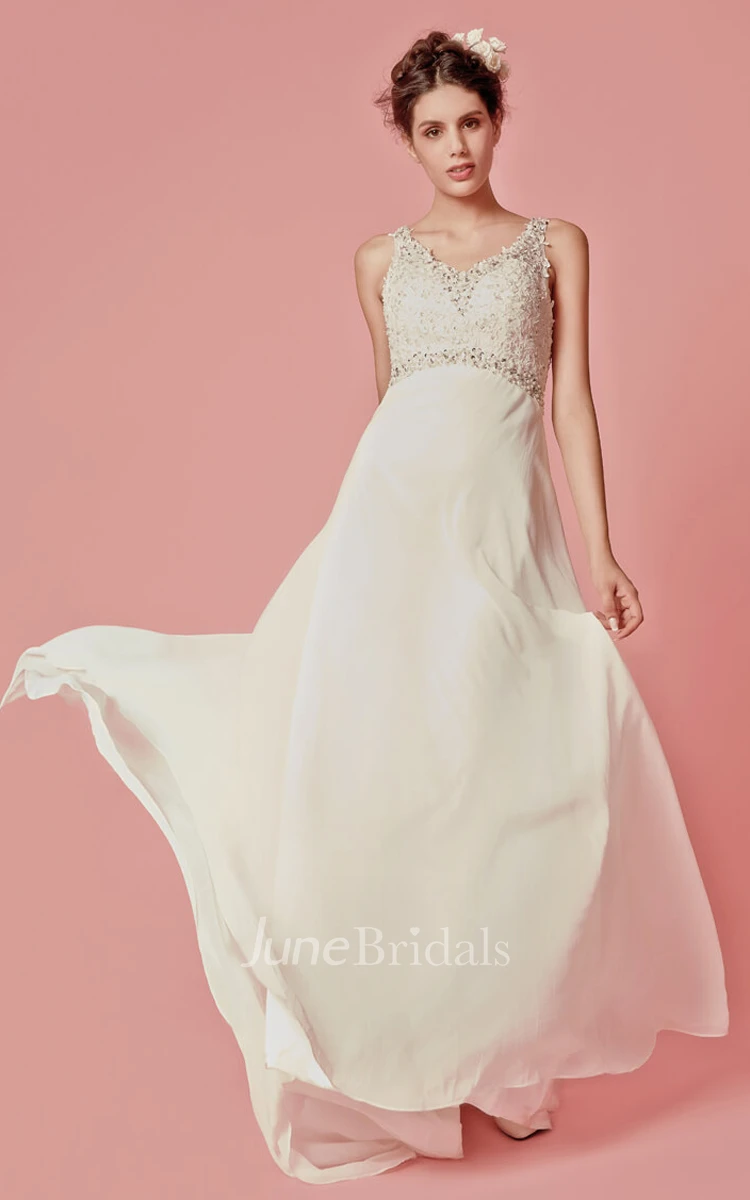 Sleeveless V-Neck Chiffon Long Dress With Lace Bodice