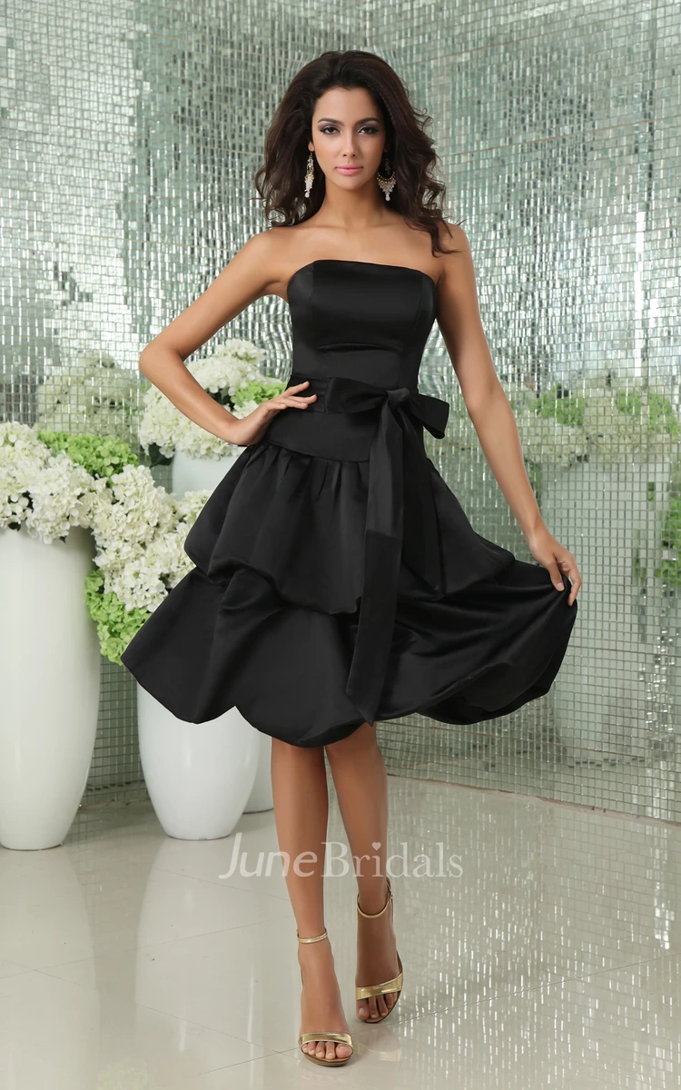 Strapless Satin Dress With Tiered Skirt And Ribbon