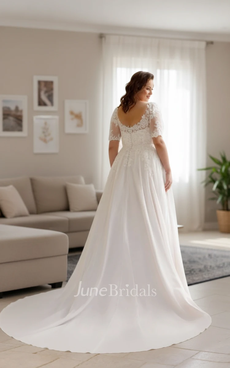 Elegant Plus Size Plunging V-Neck Lace Bridal Gown Casual A-line Half Sleeves Flowy Chiffon Bridal Gown
