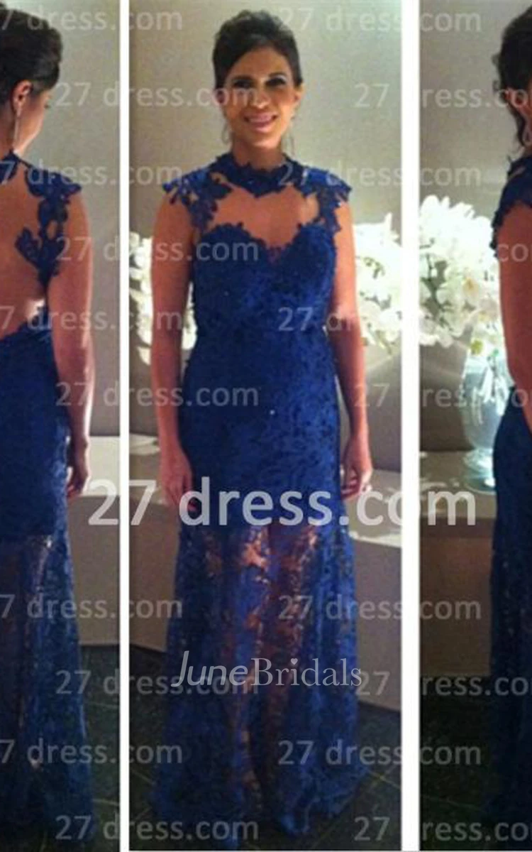 Proms Party Elegant Long Dresses for Evening Blue Lace Sleeveless High-neck Womans Gowns