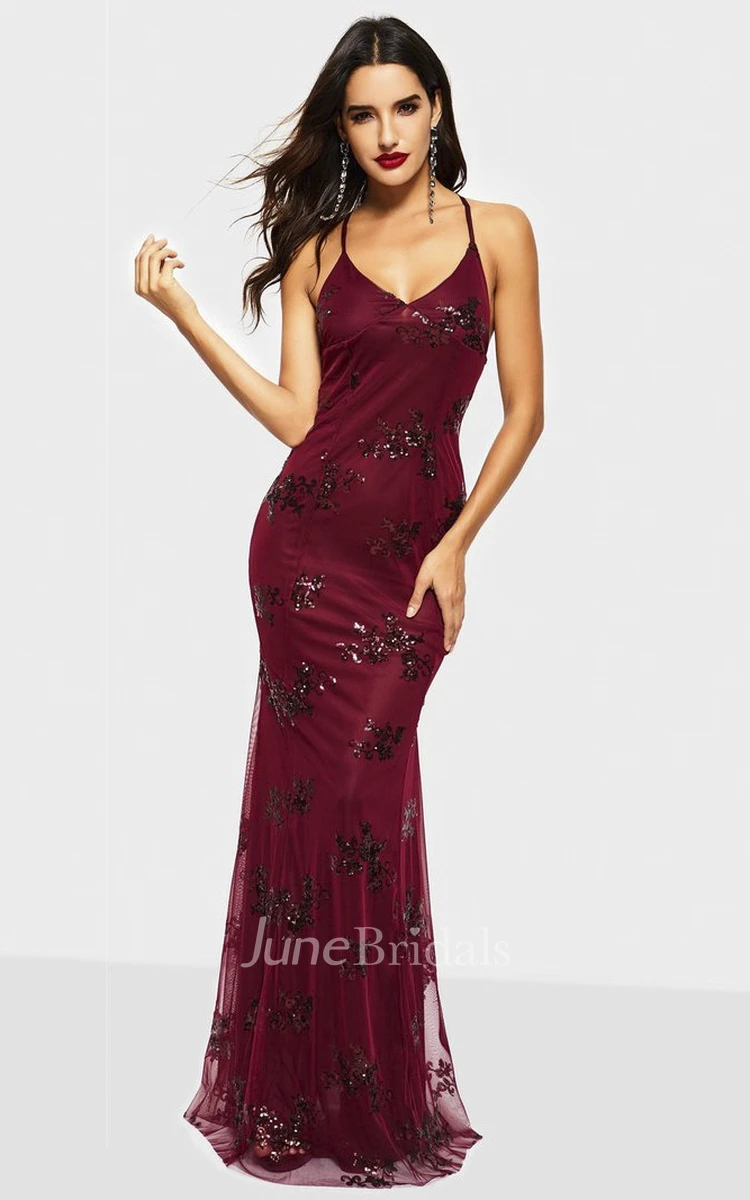 Sleeveless Sexy Sheath V-neck Tulle Gown With Straps And Sequin Appliques