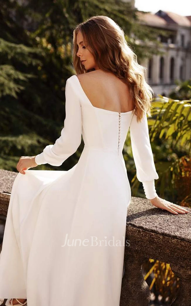 Simple Modest Floor Satin Wedding Dress Minimalist A Line Long Sleeve Rustic Casual Gown with Sweep Train