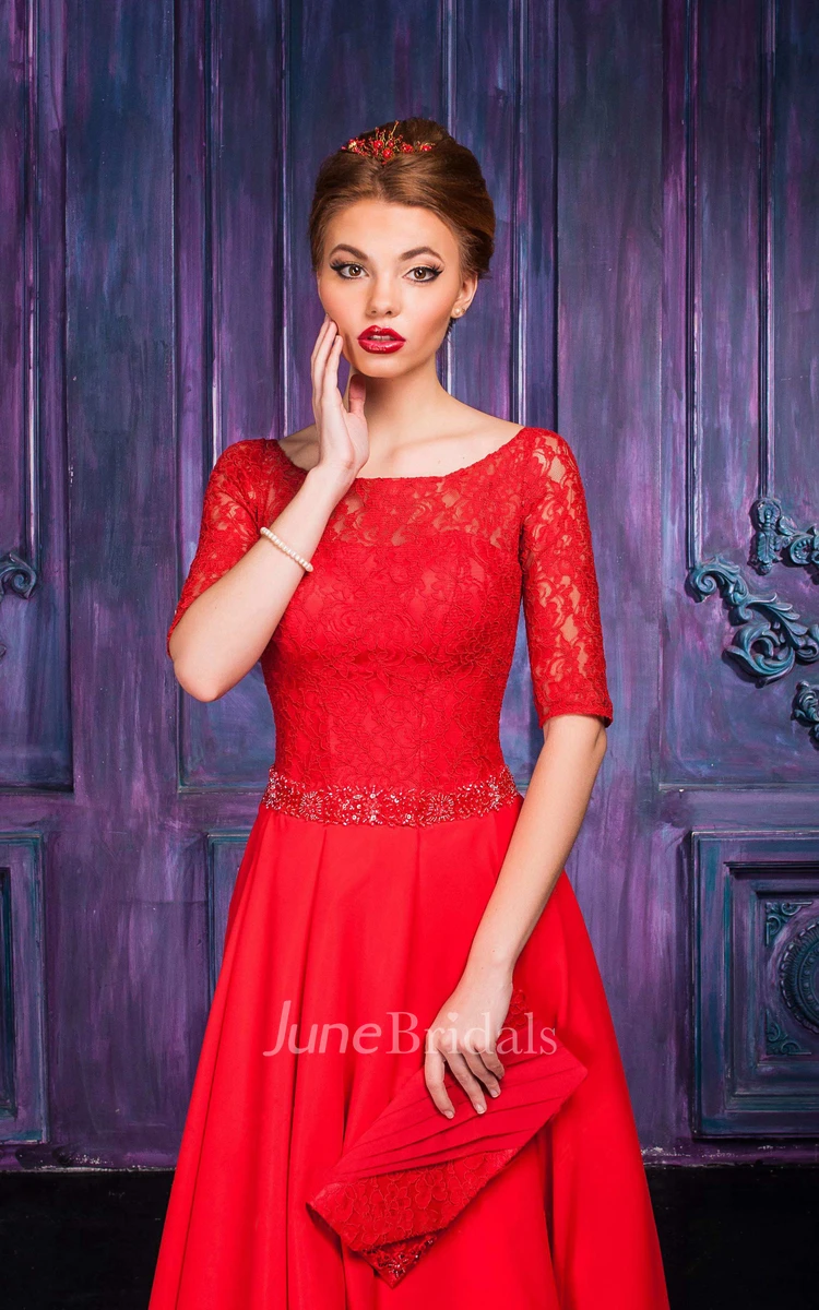 Jewel Chiffon Floor-Length A-Line Zipper Half-Sleeve Dress