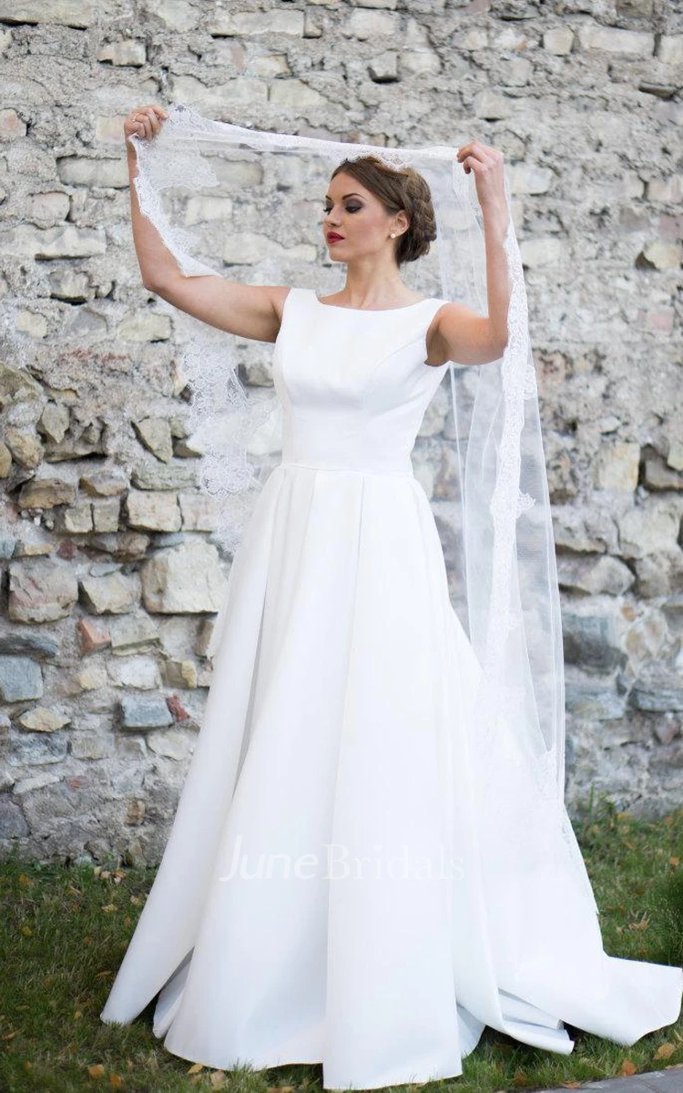 Bateau Neck Sleeveless A-Line Satin Wedding Dress With Pleats