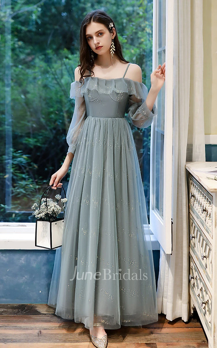 Bohemian Tulle Off-the-shoulder A Line Prom Formal Dress With Ruffles