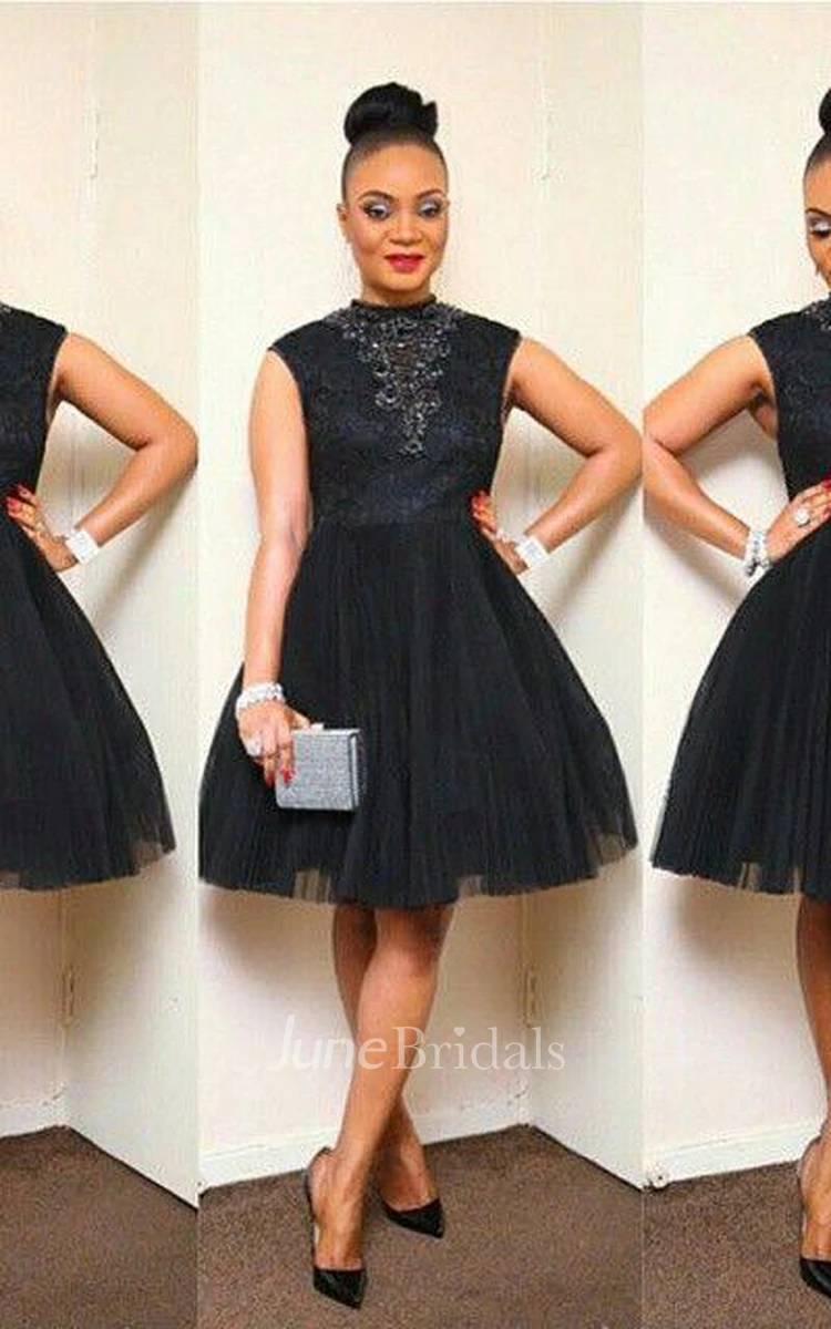 Sexy Black Short Tulle Prom Dress Appliques High Neck