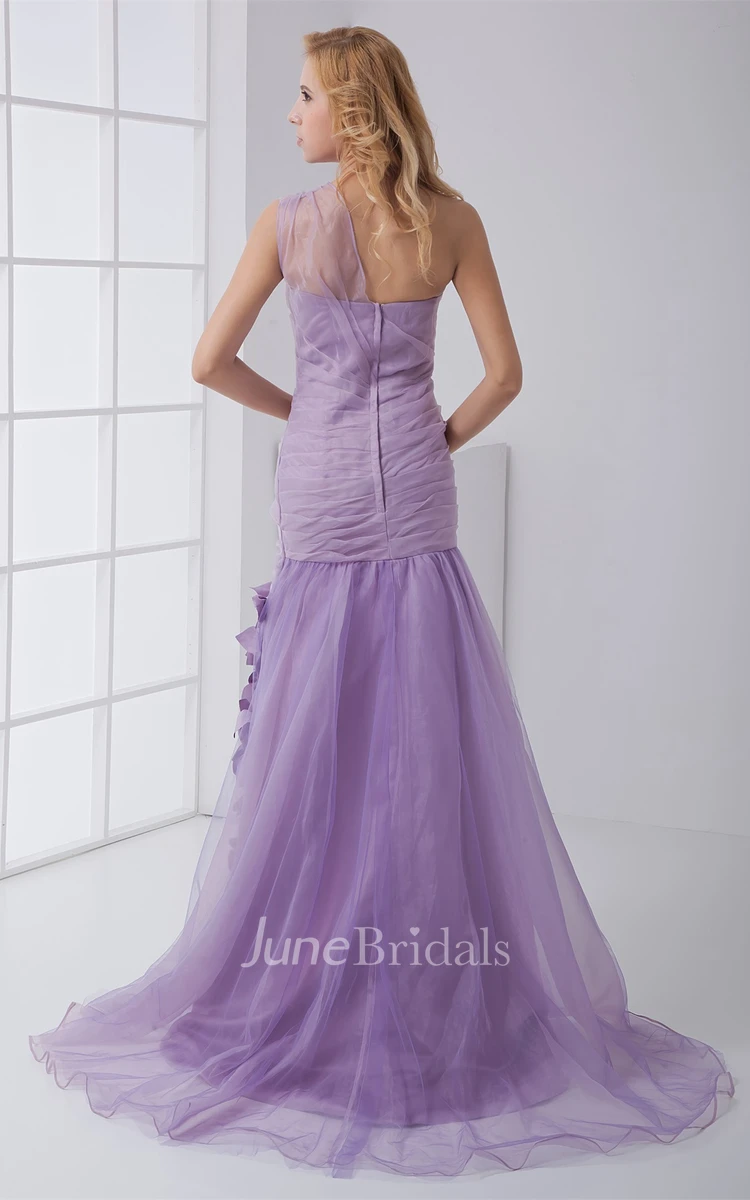 One-Shoulder Tulle Column Dress with Ruching and Flower