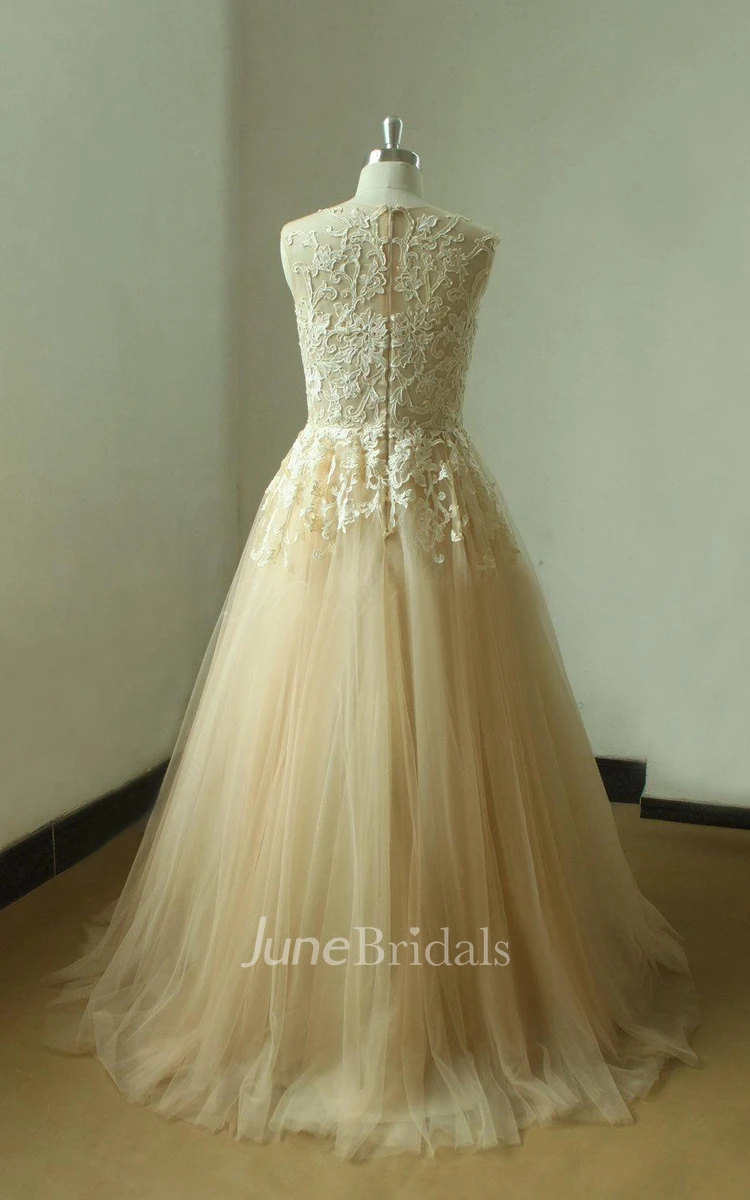 Tulle High Collar Appliqued Wedding Gown With Pleats